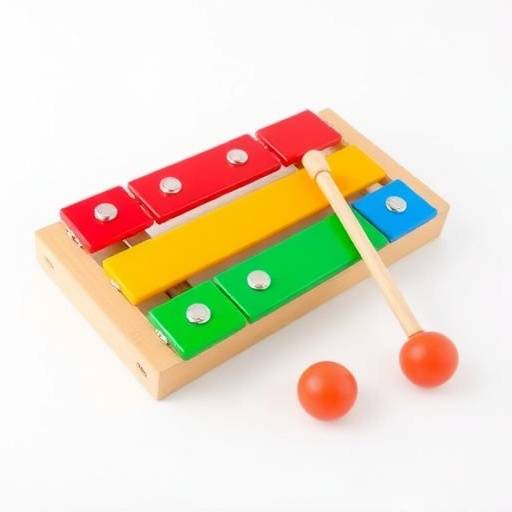 A brightly colored xylophone toy with eight metal keys and two wooden mallets.