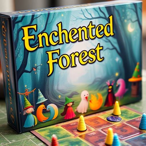 A close-up shot of the 'Enchanted Forest' board game box, showing whimsical characters and a colorful game board.