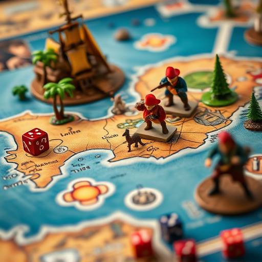 A close-up view of the 'Treasure Island Adventure' board game, showcasing a map, pirate ship miniatures, and colorful dice.