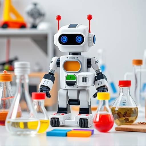 A collection of STEM educational toys, including a build-your-own robot kit and a chemistry set.