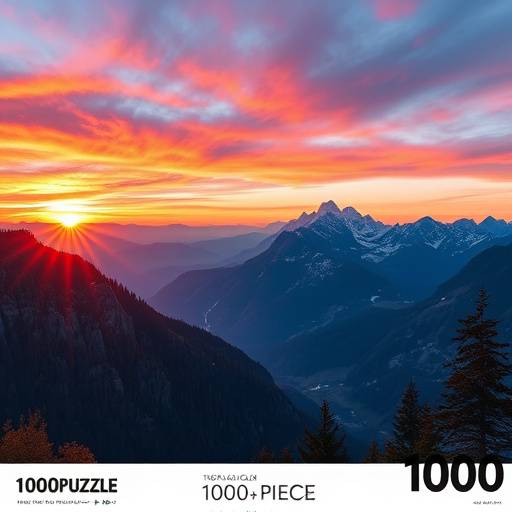 A colorful 1000-piece jigsaw puzzle depicting a serene mountain landscape at sunset.