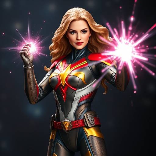 A detailed action figure of a female superhero, Galaxy Guardian, with a cosmic-themed suit and energy blast effects.