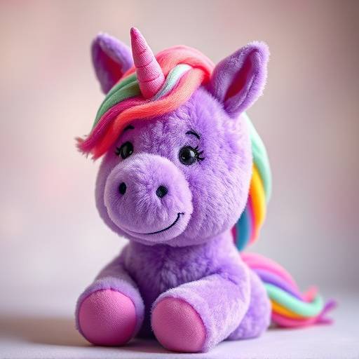 A fluffy, purple stuffed unicorn toy with rainbow mane and tail, smiling cheerfully.
