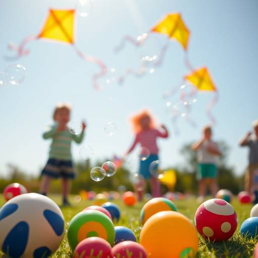 A selection of Outdoor toys, like bubbles, kites and bouncing balls