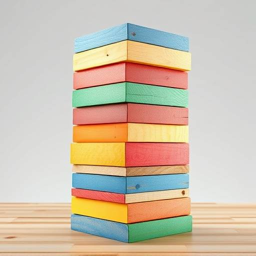 A set of wooden building blocks in various shapes and colors, arranged in a tower.