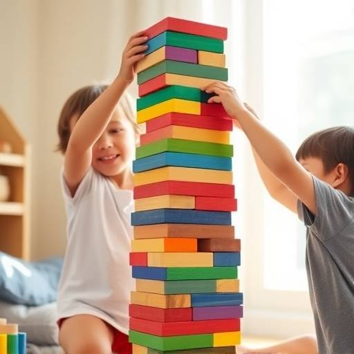 Children building a tall tower using colorful building blocks