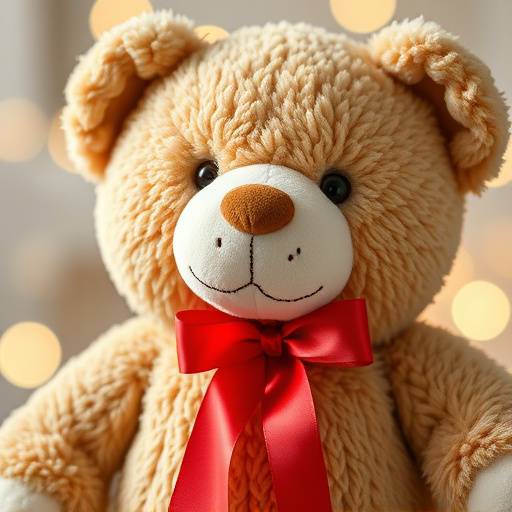 Close up on a plush Teddy Bear with a red ribbon around its neck