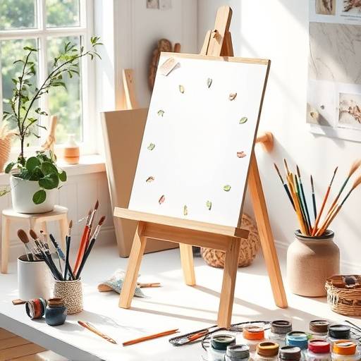 Image of a Creative Art Easel with paints, brushes, and paper attached