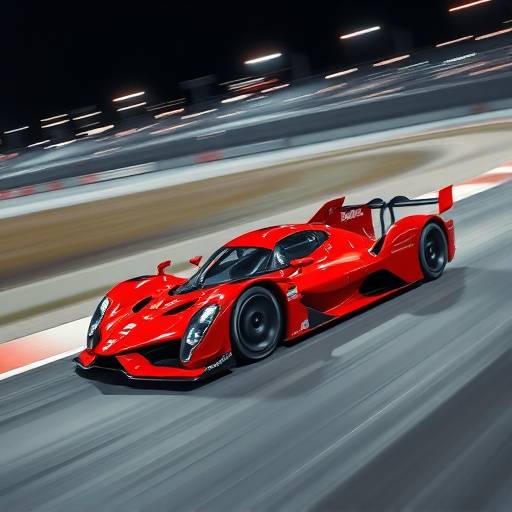 Image of a remote-controlled race car, sleek and red, speeding on a track.
