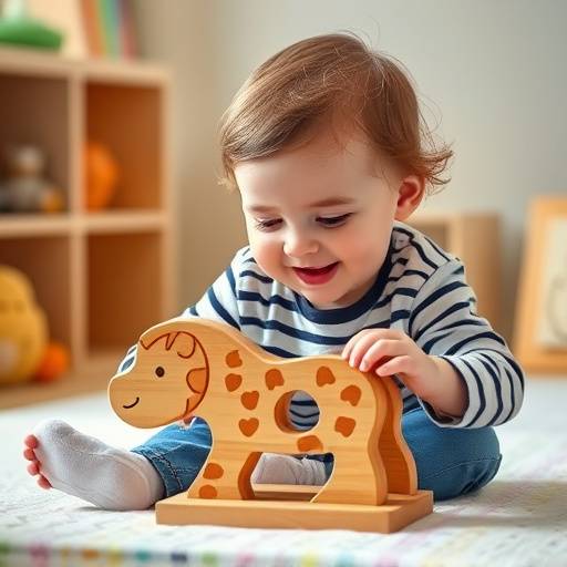 Toddler playing with a wooden puzzle featuring animal shapes